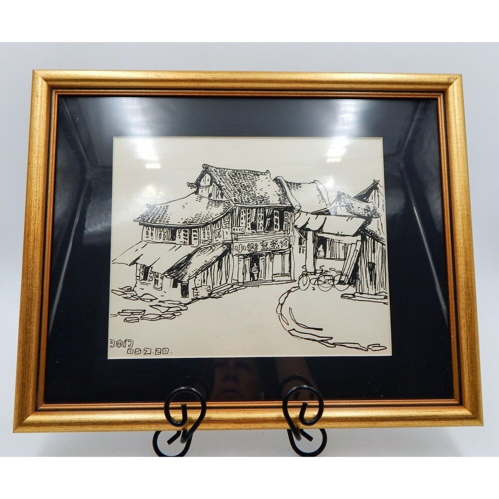 Japanese Traditional Scenery Painting Pencil Print Asian Village Matted Frame